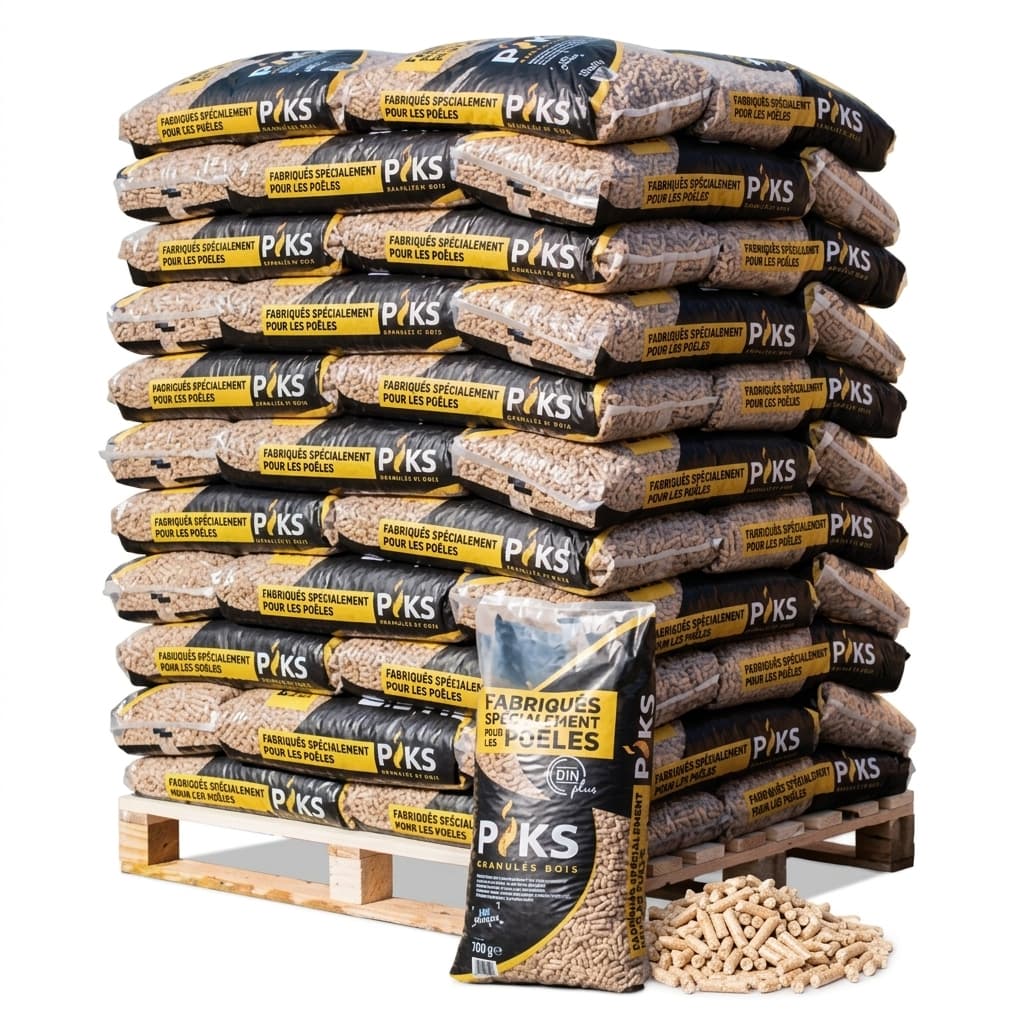 BoisExpress — Granulés PIKS Palette de 66 sacs (990kg) certifié Din Plus Séchage Naturel